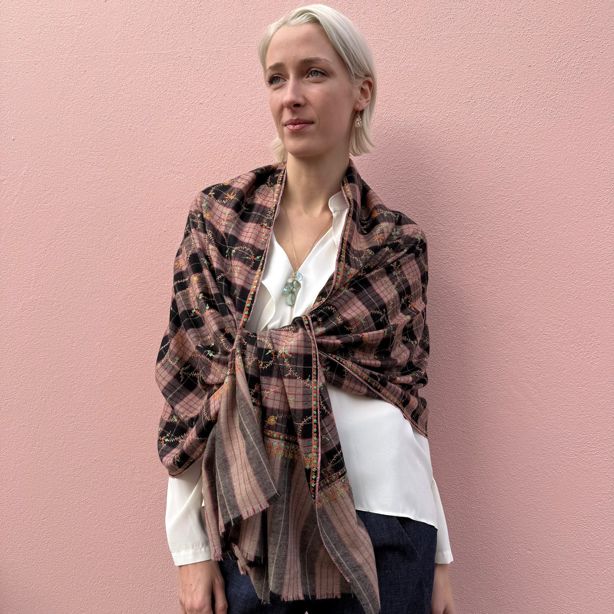 Yaser Shaw Black, Organic Brown and Magenta Embroidered Shawl — The Cross